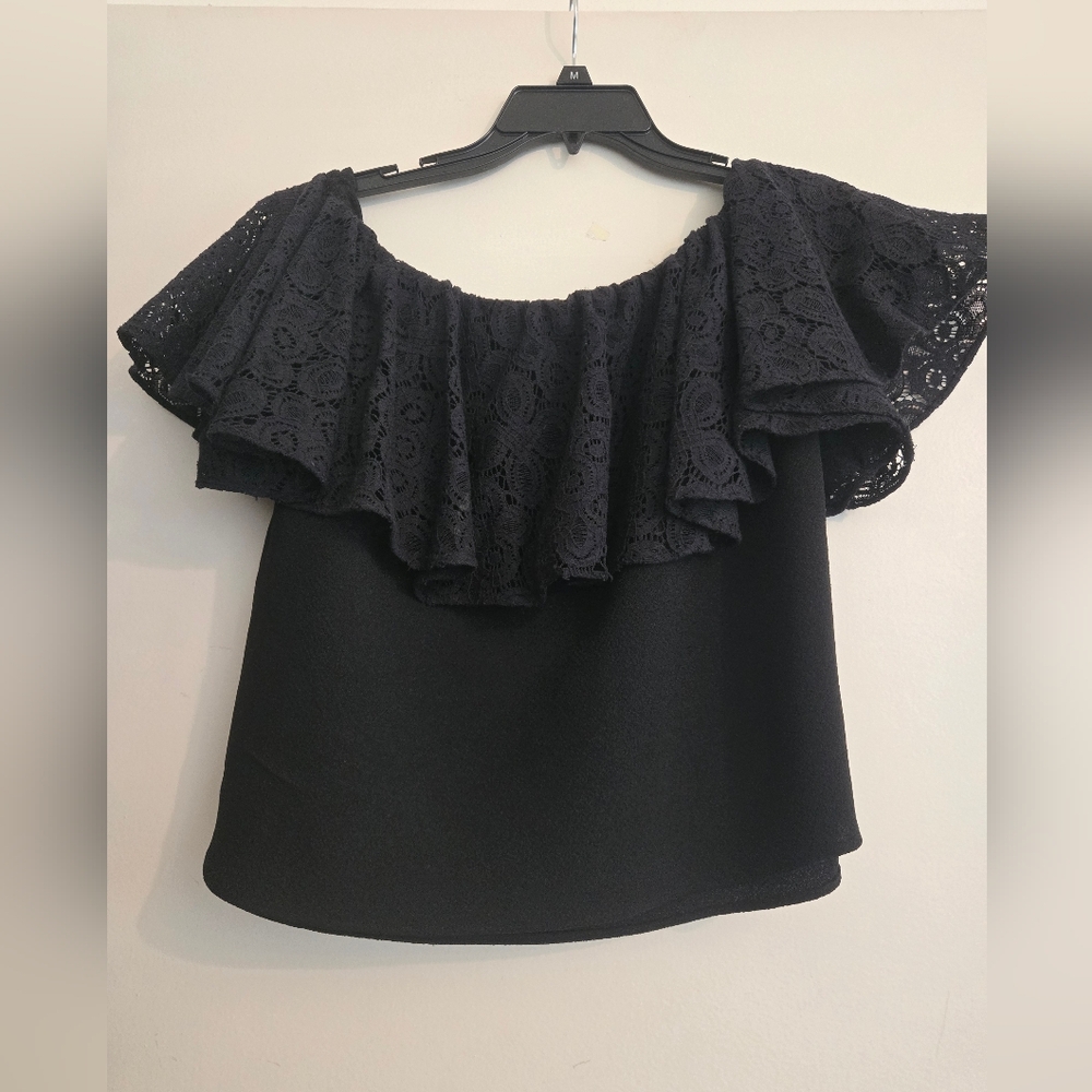 RACHEL Rachel Roy Black Off-Shoulder Lace Ruffle Crop Top